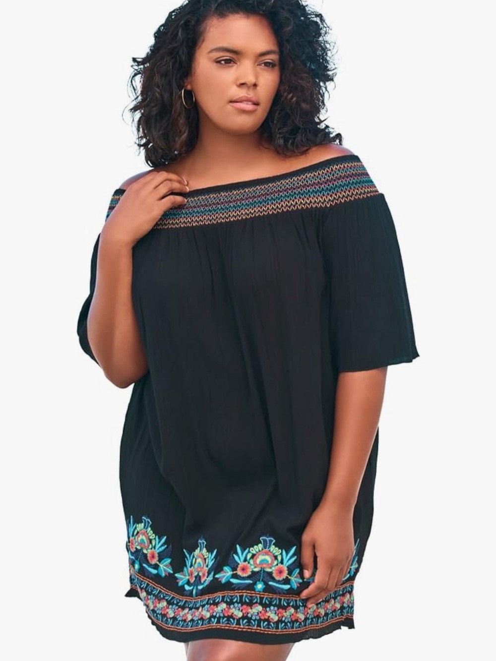 NWT Swim 365 Embroidered Floral Gauze Off-Shoulder Black 14/16 Swim Cover Up